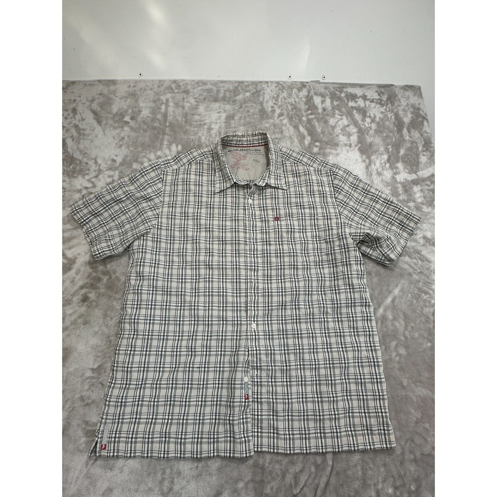 Quiksilver Shirt Mens Size XL Grays Check Button Up Casual Short Sleeve Flaws